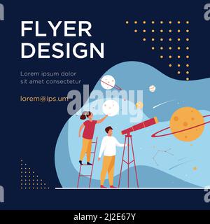 Homme étudiant la galaxie à travers le télescope. Femmes tenant des modèles de planètes, observant les météores et la constellation des étoiles. Illustration vectorielle plate pour horosco Illustration de Vecteur