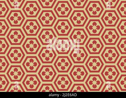 Motif hexagonal asiatique traditionnel, carreaux sans couture, motif vectoriel. Design oriental d'inspiration rétro, coloris rouge et or Illustration de Vecteur