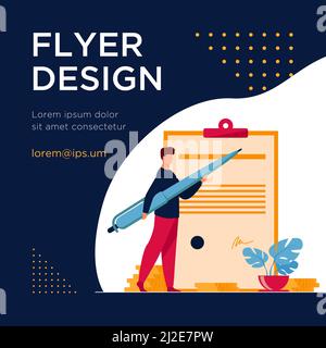 Homme signant le contrat avec un gros stylo. Projet, profit. Illustration vectorielle plate. Le concept d'entreprise peut être utilisé pour les présentations, les bannières, la conception de sites Web, Illustration de Vecteur