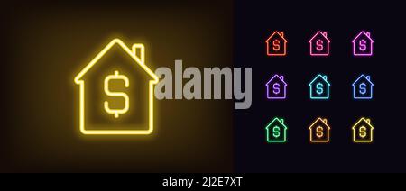 Icône d'accueil du néon. Maison lumineuse au néon avec signe dollar, maison acheter et vendre le pictogramme. Assurance immobilière, réservation d'appartement, location et logement l Illustration de Vecteur