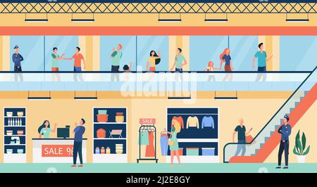 Les gens magasinent dans le centre commercial de la ville illustration vectorielle plate. Les acheteurs de dessins animés marchent à l'intérieur d'un bâtiment commercial ou d'un magasin. Intérieur de supermarché, vente au détail et ur Illustration de Vecteur