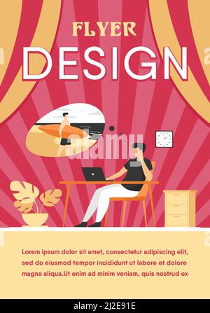 Directeur de bureau rêvant de vacances à l'illustration vectorielle plate de la mer. Un homme d'affaires qui se détend au travail et qui pense au surf. Holida Illustration de Vecteur