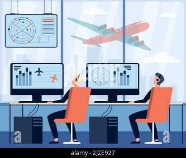 Opérateur contrôlant l'illustration du vecteur plat de l'avion. Personnages de dessins animés assis dans la salle de commandement de l'aéroport. Centre de contrôle de vol et international t Illustration de Vecteur