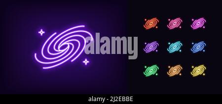 Icône de l'univers du néon. Galaxie au néon lumineuse avec étoiles, pictogramme de l'univers spatial. Trou noir, spirale galactique, voie laiteuse, vortex stellaire, interste Illustration de Vecteur
