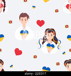 Un modèle ukrainien patriotique et sans couture. Adorable garçon et fille ukrainiens en vêtements brodés traditionnels dans une couronne fleurie avec rubans avec lui jaune-bleu Illustration de Vecteur