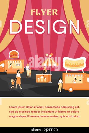 Les gens qui visitent la foire alimentaire de la rue. Parents et enfants achetant de la nourriture rapide dans des camions à l'extérieur. Peut être utilisé pour le festival alimentaire d'été, le concept d'événement de parc Illustration de Vecteur