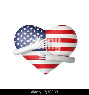 USA drapeau coeur étant embrassé par les bras. 3D rendu Banque D'Images