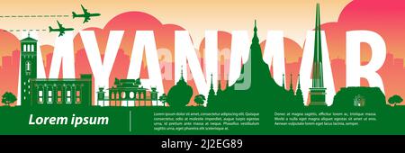 myanmar top célèbre monuments silhouette style, voyage et tourisme, illustration vectorielle Illustration de Vecteur