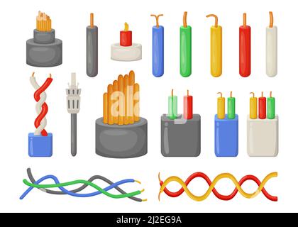 Jeu d'illustrations vectorielles plates de câbles électriques de dessin animé. Collection de différents fils électriques industriels isolés sur fond blanc. Électricité, Illustration de Vecteur