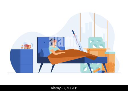 Femme souffrant de la grippe et couchée au lit. Température corporelle élevée, pilules, boisson chaude illustration vectorielle plate. Attraper le froid, l'infection, la maladie concept Illustration de Vecteur