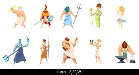 Collection de personnages mythologiques grecs. Athena, Hephaestus, Ares, Poséidon, Zeus, Dionysos, Hephaestus, Aphrodite, Apollon. Illustration vectorielle pour anci Illustration de Vecteur