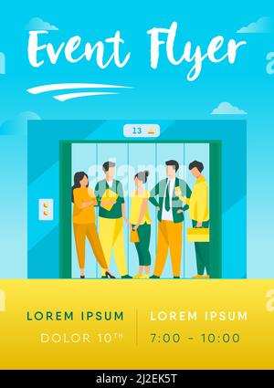 Employés utilisant un ascenseur de bâtiment de bureau. Hommes d'affaires à l'intérieur de la cabine d'ascenseur avec portes ouvertes. Illustration vectorielle pour l'architecture, business i Illustration de Vecteur