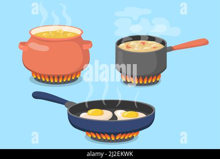 Pot chaud, casserole et poêle sur cuisinière à gaz plat ensemble pour la conception de toile. Nourriture de dessin animé préparée sur la cuisine isolé vecteur illustration collection. Cuisson et Illustration de Vecteur