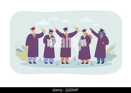Heureux étudiant diplômé debout et titulaire de diplômes illustration vectorielle plate isolée. Souriants, les garçons et les filles portant des robes universitaires et des diplômes Illustration de Vecteur