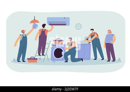 Des hommes de main réparent l'appareil domestique des clients. Technicien de maintenance électricien de fin de réparation de lave-linge, climatisation, équipement de plomberie. Illustrateur de vecteur Illustration de Vecteur