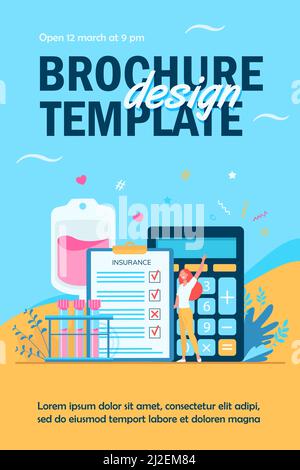 Bonne caricature femme à l'assurance maladie. Liste de contrôle d'assurance avec calculateur et échantillons de sang. Illustration vectorielle pour la santé, médical assis Illustration de Vecteur
