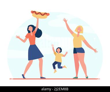 Des femmes et une fille heureuses avec un hot dog. Illustration d'un plat de repas, de rue, de nourriture indésirable. Fast food et concept de nutrition pour la bannière, la conception de site Web ou l'atterrissage nous Illustration de Vecteur