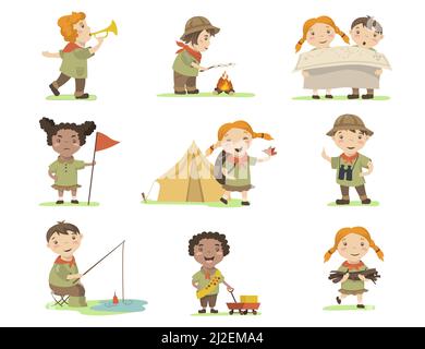 Enfants heureux en costumes de scout ensemble plat pour la conception de Web. Dessins animés filles et garçons campant sur la nature isolé vecteur illustration collection. Randonnée et Illustration de Vecteur