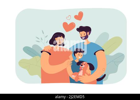 Jeunes parents heureux avec l'enfant et le chien isolé vecteur plat illustration. Dessin animé mère, père et fils adoptant l'animal de compagnie et souriant. Famille et animal a Illustration de Vecteur