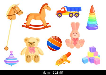 Ensemble de jouets colorés pour bébés. Dessin animé enfant cheval à bascule, camion, balle, ours doux, lapin, collection de modèles de pistolet à eau, cubes, pyramide, peg top. Vecteur plat Illustration de Vecteur