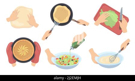 Ensemble plat de préparation des aliments pour les mains humaines pour la conception du Web. Dessin animé processus de cuisson de la tarte, mélanger la pâte, couper la salade vecteur isolé illustration collectio Illustration de Vecteur