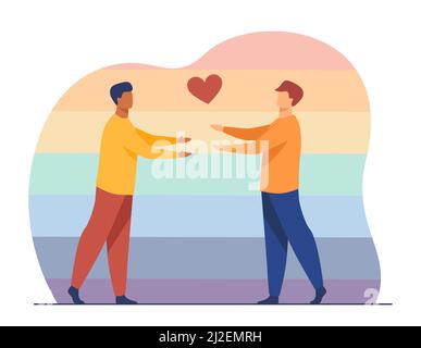 Couple gay masculin amoureux. Symbole de coeur, hug, arrière-plan arc-en-ciel. Illustration vectorielle plate. Relation homosexuelle, parade, concept d'égalité pour la bannière Illustration de Vecteur