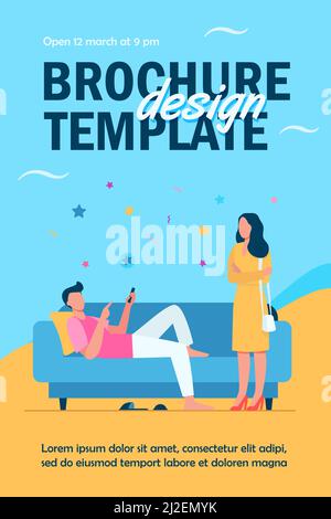 Homme allongé sur un canapé quand une femme se tient debout et regarde lui. Canapé, paresse, femme illustration de vecteur plat. Concept de famille et de relation pour bannière, Illustration de Vecteur