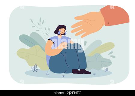 Main d'aide pour la personne pleurant dépressive. Femme triste, inquiète et solitaire souffrant de stress et de dépression, obtenant du soutien. Illustration vectorielle pour Illustration de Vecteur