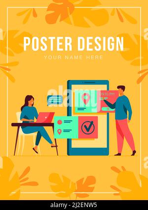 Personnes utilisant l'application de rendez-vous et de réservation en ligne. Réunion de planification moyenne et femme, définition de la date dans l'interface mobile. Illustration vectorielle pour les entreprises, Illustration de Vecteur
