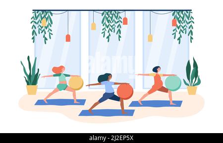 Femmes enceintes faisant des exercices avec la grosse balle. Gym, yoga, maternité illustration vectorielle plate. Concept d'activité de santé et de sport pour bannière, site Web Illustration de Vecteur