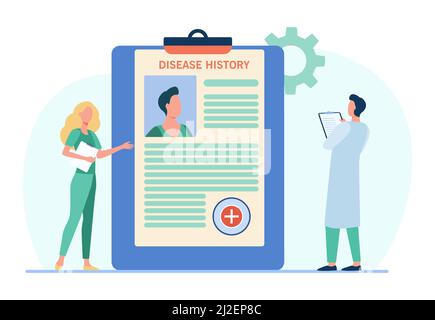 Médecins analysant l'historique de la maladie des patients. Travail de praticien, travail de médecin, diagnostic. Illustration vectorielle plate. Médecine, hôpital, traitement conce Illustration de Vecteur