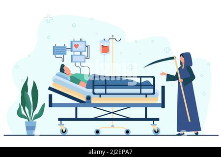 Patient mourant dans l'unité de soins intensifs. Scythe de la mort, système de soutien de la vie. Illustration vectorielle plate. Hôpital de coronavirus, état grave concept pour Illustration de Vecteur