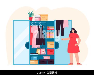 Femme souriante debout devant une armoire ouverte illustration vectorielle plate. Femme de dessin animé choisissant des vêtements de placard. Organisation de la tenue et de la mode Illustration de Vecteur