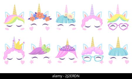 Joli poney unicorns faces plat ensemble pour la conception de Web. Déguisements de têtes de dessin animé pour la fête de petite fille isolé vecteur illustration collection. Enfant Illustration de Vecteur