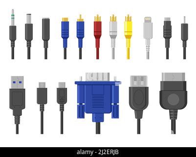 Jeu de contacts mâles. Câbles, connecteurs électriques, connexion pour ethernet, hdmi, vga, ports usb, vidéo et audio. Illustration vectorielle pour le calcul, cordon de communication Illustration de Vecteur