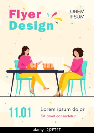 Deux femmes assises dans un café avec ordinateur portable. Illustration vectorielle plate pour boissons, ordinateurs et travaux. Concept de réunion et de pause café pour la bannière, la conception de site Web ou Illustration de Vecteur