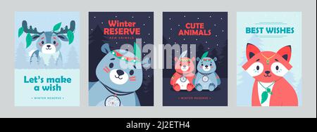 Affiches stylées avec de jolis mammifères. Brochures vives avec renard, ours et cerfs pour l'hôtel. La faune et les animaux de la forêt concept. Modèle pour promotion Illustration de Vecteur