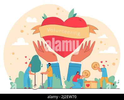 Des gens heureux appréciant le bénévolat et donnant de l'aide, emballant de l'argent dans une boîte de don, planter des arbres à cœur dans des mains symbole. Illustration vectorielle pour c Illustration de Vecteur