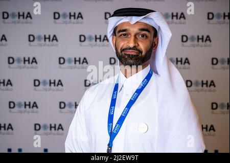 Hassan al Thawadi, Secrétaire général du Qatar au Comité suprême pour l’accouchement et l’héritage, pose au Forum de Doha à Doha, au Qatar, le 26 mars 2022. Photo de MOFA-Balkis Press/ABACAPRESS.COM Banque D'Images
