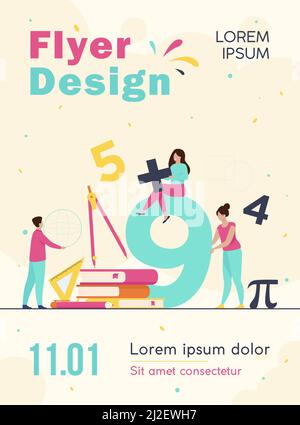 Les étudiants heureux apprenant les mathématiques dans l'université ou l'école isolé vecteur plat illustration. Chiffres de dessin animé, chiffres géométriques, formules d'algèbre et arithmétique Illustration de Vecteur