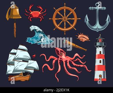 Jeu d'illustrations d'éléments maritimes et nautiques. Design vintage avec animaux de mer, navire, vague, ancre, pipe et cloche illustration vectorielle isolée colle Illustration de Vecteur