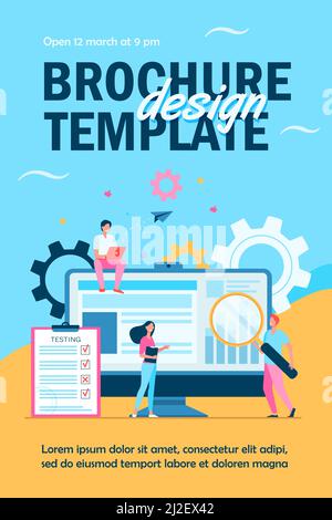 Des personnes minuscules testant l'assurance qualité dans une illustration vectorielle plate isolée par logiciel. Correction des bogues de caractères de dessin animé dans le périphérique matériel. Applications Illustration de Vecteur