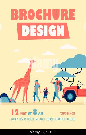 Touristes marchant dans la savane africaine. Personnages de dessins animés familiaux, jeep, girafe, paysage avec arbres. Illustration vectorielle pour voyage aventure, tour i Illustration de Vecteur