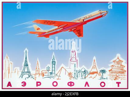 Vintage Aeroflot années 1950 soviétique affiche publicitaire de l'aviation russe pour la compagnie aérienne d'État soviétique, Aeroflot. L'affiche présente un avion de ligne avec le CCCP Tupolev Tu-104 soviétique survolant les lignes aériennes des capitales américaines, européennes et asiatiques du monde avec des bâtiments remarquables, dont la Tour Eiffel de Paris, 'Big Ben' de Londres, la pyramide pour le Caire et le Kremlin pour Moscou. Russie de l'URSS, 1950s, Banque D'Images