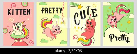 Ensemble d'affiches pour chats UNICORN. Drôle de dessin animé bébé chaton avec corne arc-en-ciel et queue sur les nuages illustrations vectorielles avec texte. Conte de fées, animal magique, imaginaire Illustration de Vecteur