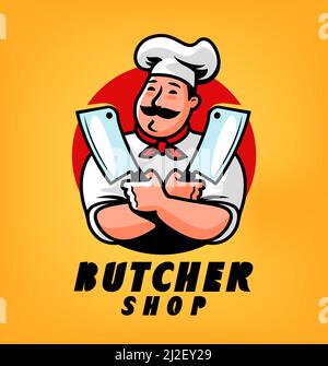 Logo de la boutique de boucher. Emblème du chef avec couteau à viande pour le marché agricole. Illustration vectorielle de personnage de dessin animé Illustration de Vecteur