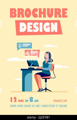 Woman working, typing and sending messages. Work, table, computer flat vector illustration. Workplace and communication concept for banner, website de Stock Vector