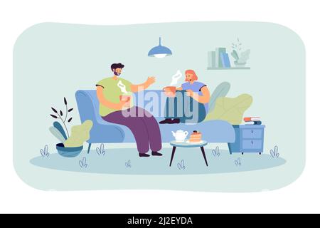 Un jeune couple passe une soirée romantique ensemble dans son appartement. Homme et femme assis sur un canapé dans une chambre confortable, buvant du café et parlant. Vecteur il Illustration de Vecteur