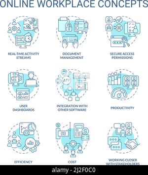 Jeu d'icônes de concept turquoise de l'espace de travail en ligne Illustration de Vecteur