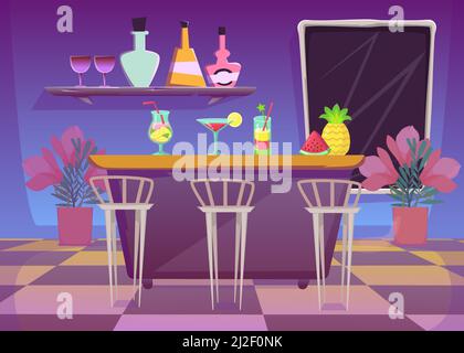 Comptoir de bar en boîte de nuit ou café illustration vectorielle plate. Intérieur du bar, ananas, pastèque et cocktails avec pailles sur la table, tabourets de bar. Bar, par Illustration de Vecteur